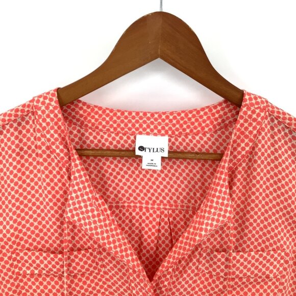 STYLUS Women's Coral Cream M Rayon 3/4 Sleeve Henley Geometric Blouse Top - Picture 2 of 6